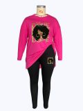 Plus Size Loose Fashion Casual Printed Long Sleeve Top Pants Women's Two-Piece Set