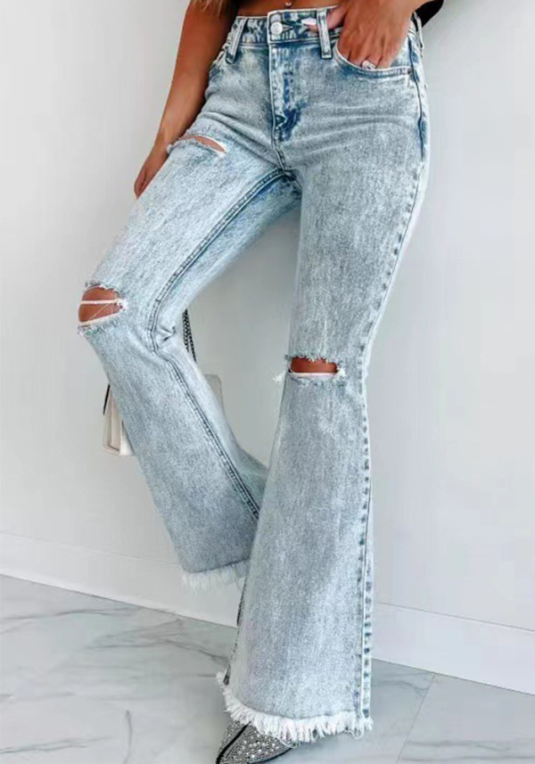 Ripped Denim Pants Women's Micro-Boot Washed High Waist Jeans