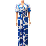 Autumn And Winter Women's Digital Printed Sexy V-Neck Wide-Leg Jumpsuit