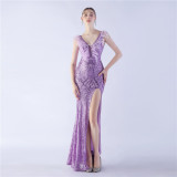 Sexy Feather Beading Sequins Evening Formal Party Side Slit Evening Dress