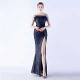 Sexy Straps Feather Sequins Flower Wedding Party Evening Dress