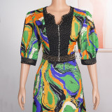 African Plus Size Women's Beaded Print Swing Dress