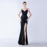 Sexy Sequined Side Slit Straps Long Evening Dress