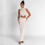 Women's Autumn Solid Color Casual Sleeveless Low Back Lace-Up Vest Slim Long Skirt Two Piece Set