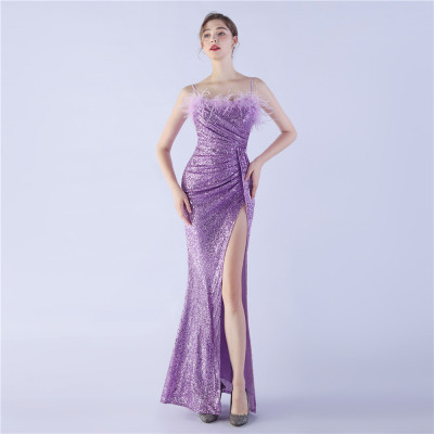 Sexy Feather Sequins Straps Side Slit Evening Dress