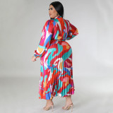 Plus Size Women Lace-Up Long Sleeve Printed Pleated Dress