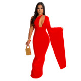 Women Solid One Shoulder Sleeve Backless Maxi Dress