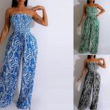 Women Summer Printed Strapless Sexy Off-the-Shoulder Wide-Leg Jumpsuit