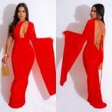 Women Solid One Shoulder Sleeve Backless Maxi Dress