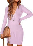 Women Knitting Fall and Winter Long Sleeve Bodycon V Neck Basic Sweater Dress