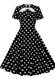 Women Round Neck Bow Tie Polka Dot Short Sleeve Dress