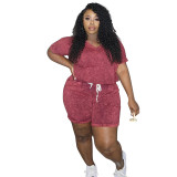 Plus Size Women Print Stretch Short Sleeve Top and Shorts Casual Two Piece Set