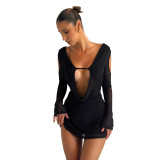 Women Sexy Off Shoulder Long Sleeve Plunging Paddle Collar Dress