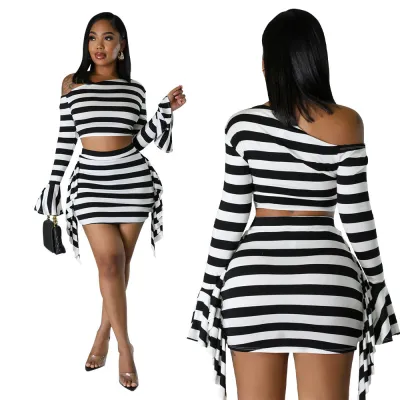 Women Sexy Slash Shoulder Bell Bottom Top and Mini Skirt two-piece set