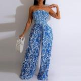 Women Summer Printed Strapless Sexy Off-the-Shoulder Wide-Leg Jumpsuit