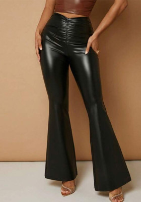 Women Lace Up PU Leather Stretch Wide Leg Bell Bottom Pants