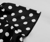 Women Round Neck Bow Tie Polka Dot Short Sleeve Dress