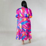 Plus Size Women Lace-Up Long Sleeve Printed Pleated Dress