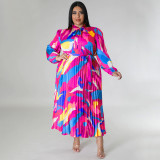 Plus Size Women Lace-Up Long Sleeve Printed Pleated Dress