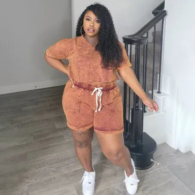 Plus Size Women Print Stretch Short Sleeve Top and Shorts Casual Two Piece Set