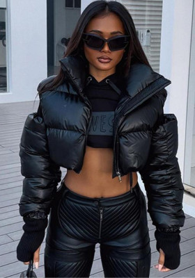 Women Winter Style Hollow Off Shoulder Stand Collar Zipper Padded Crop Jacket