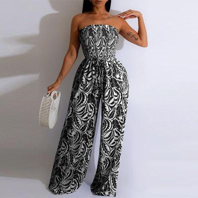 Women Summer Printed Strapless Sexy Off-the-Shoulder Wide-Leg Jumpsuit