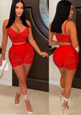 Women Solid Sexy Lace Sleeveless Top and Shorts Two-piece Set
