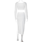 Women autumn sexy long-sleeved v-neck Top and high-waist slit Skirt two-piece set