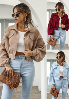 Women Casual Turndown Collar Corduroy Balloon Sleeve Single Breasted Crop Jacket