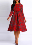 Elegant Women's Red Plaid Print Plus Size Dress Fashion Belt Midi Dress For Women