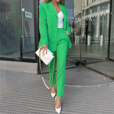 Autumn And Winter Women's Fashion Casual Office Striped Blazer And Pants Suit