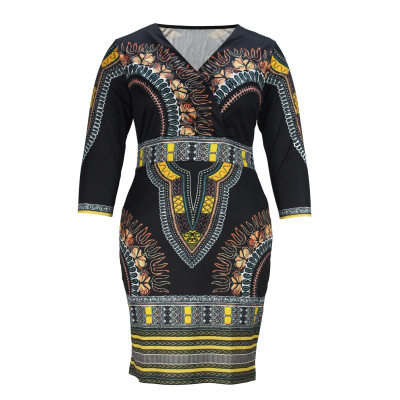 Women's Spring And Autumn V-Neck Printed Ethnic Style Midi Dress Sexy Fashion Plus Size Dress