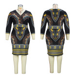 Women's Spring And Autumn V-Neck Printed Ethnic Style Midi Dress Sexy Fashion Plus Size Dress