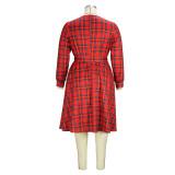 Elegant Women's Red Plaid Print Plus Size Dress Fashion Belt Midi Dress For Women