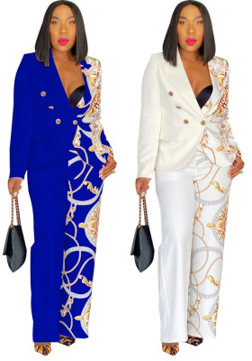 Fashionable Women's Turndown Collar Long Sleeve Printed Suit Two Piece Set