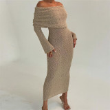 Autumn Women's Sexy See-Through Off Shoulder High Waist Slim Knitting Dress