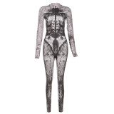 Autumn Women's Long Sleeve Digital Print Slim High Waist Sports Jumpsuit