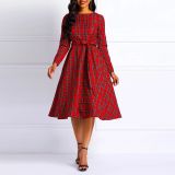 Elegant Women's Red Plaid Print Plus Size Dress Fashion Belt Midi Dress For Women