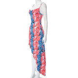 Women Fall Colorblock Printed Wavy Edge Sexy Strap Dress