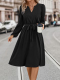 Women V-Neck Lace-Up Long Sleeve Dress