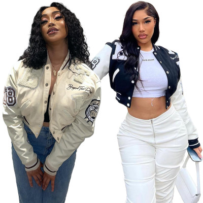 Women Ribbed Embroidered Stretch Pu Button Buckle Baseball Jacket