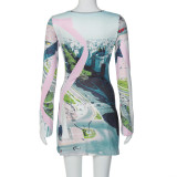 Women Fall Style Printed Round Neck Long Sleeve Dress