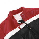 Women Fall Fashion Contrast Color Long Sleeve Pu-Leather Crop Jacket