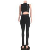 Women Summer Style Irregular Lines Sleeveless Top and Pant Two-piece Set