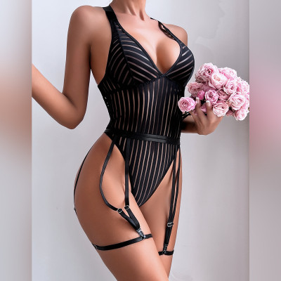 Women Striped Patchwork See-Through Backless One-piece Sexy Lingerie