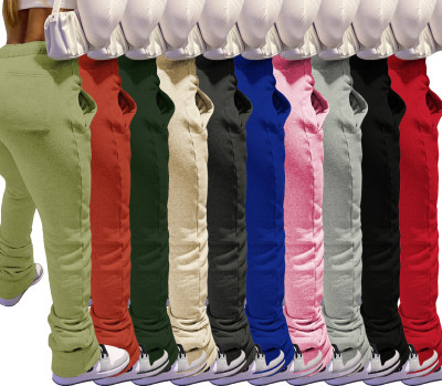 Women Fleece Sports Casual Drawstring Pockets Stacked Pant
