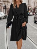 Women V-Neck Lace-Up Long Sleeve Dress