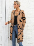 Plus Size Women Fall and Winter Leopard Knitting Cardigan Sweater