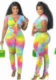 Plus Size Women's Tie Dye Gradient Print Tied Sexy Two Piece Pants Set