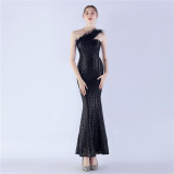 Feather One-Shoulder Slash Shoulder Sequined High-End Evening Dress